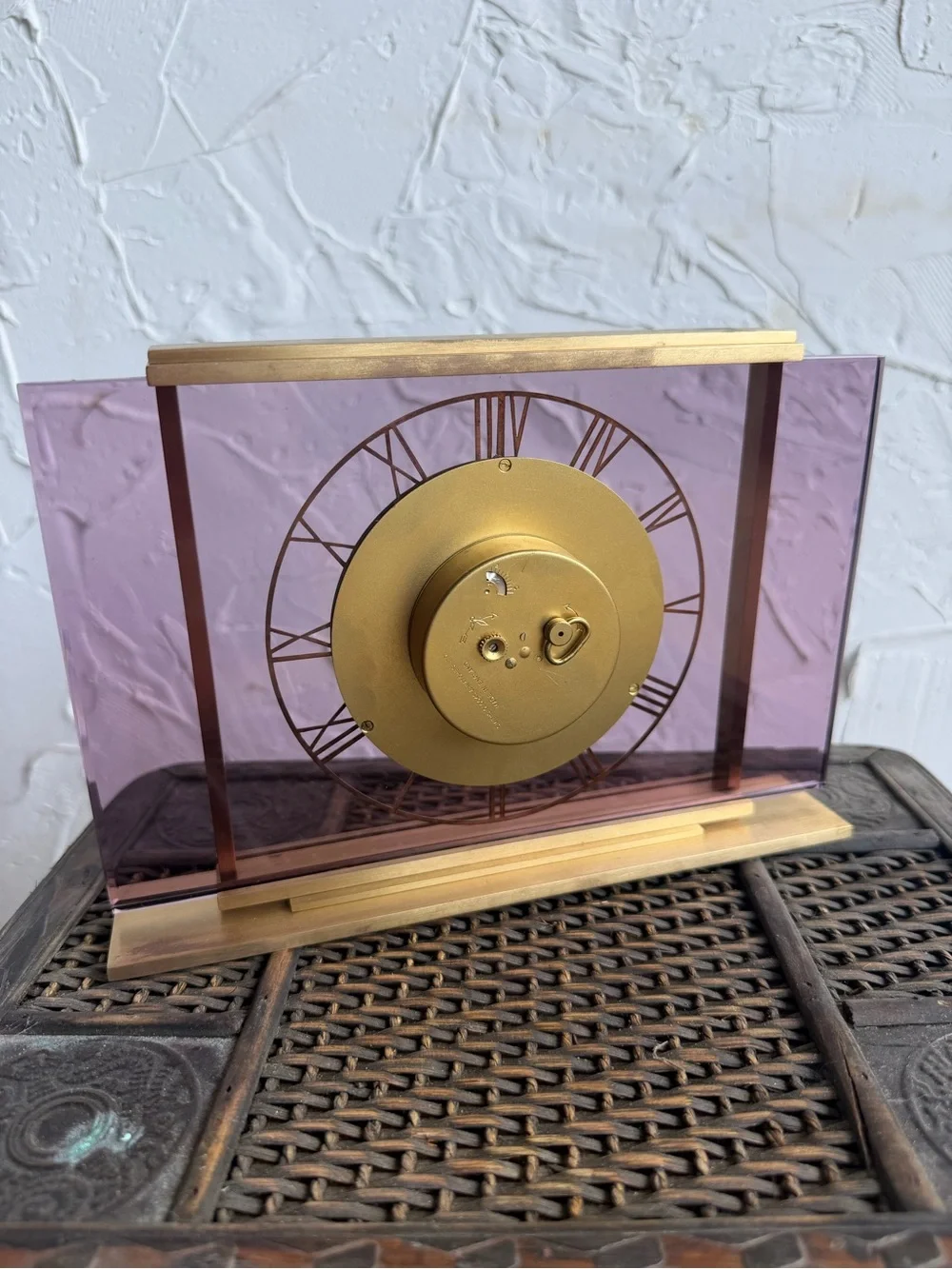 Art Deco Smiths 8 day Pink Glass & Brass Mantel Clock, c1930